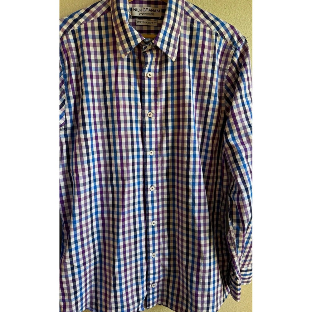 Nick Graham Everywhere Button Up Shirt Mens L Check Modern Fit Stretch